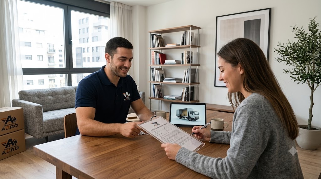 Cliente firmando el contrato de mudanza con comercial de Mudanzas Aero sobre la mesa