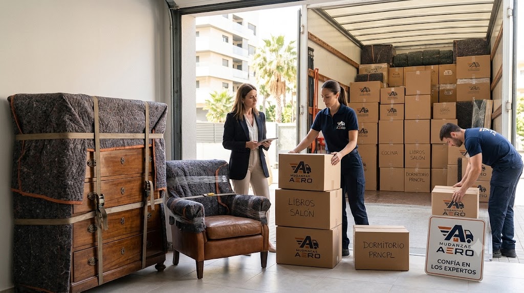 Equipo de Mudanzas Aero embalando y cargando cajas etiquetadas en el camión, en Badalona