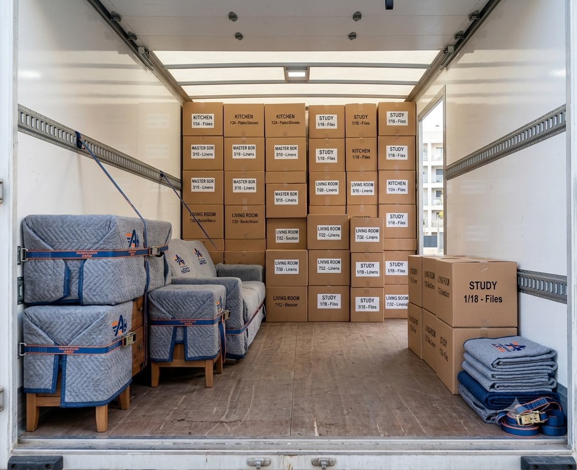 Interior de un camión de mudanzas cargado con cajas etiquetadas por habitación