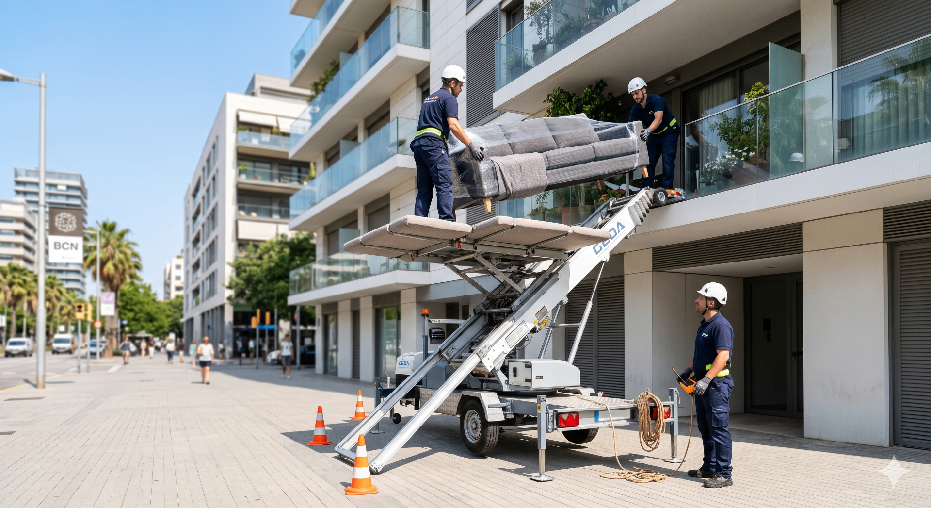 Elevador exterior subiendo un sofá embalado a un edificio en Badalona