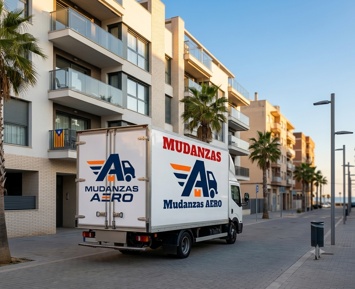 Camión de Mudanzas Aero aparcado frente a un edificio en Badalona