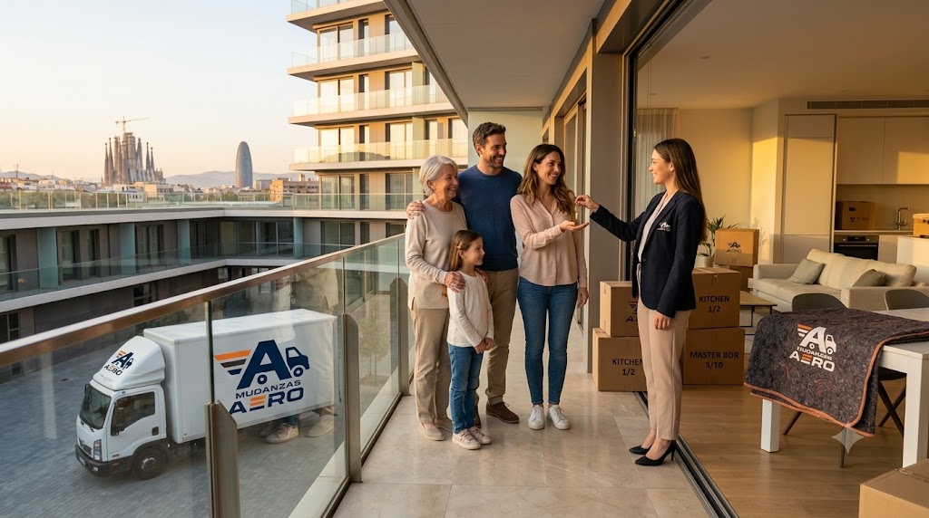 Familia recibiendo las llaves de su nuevo piso en Badalona, junto a comercial de Mudanzas Aero